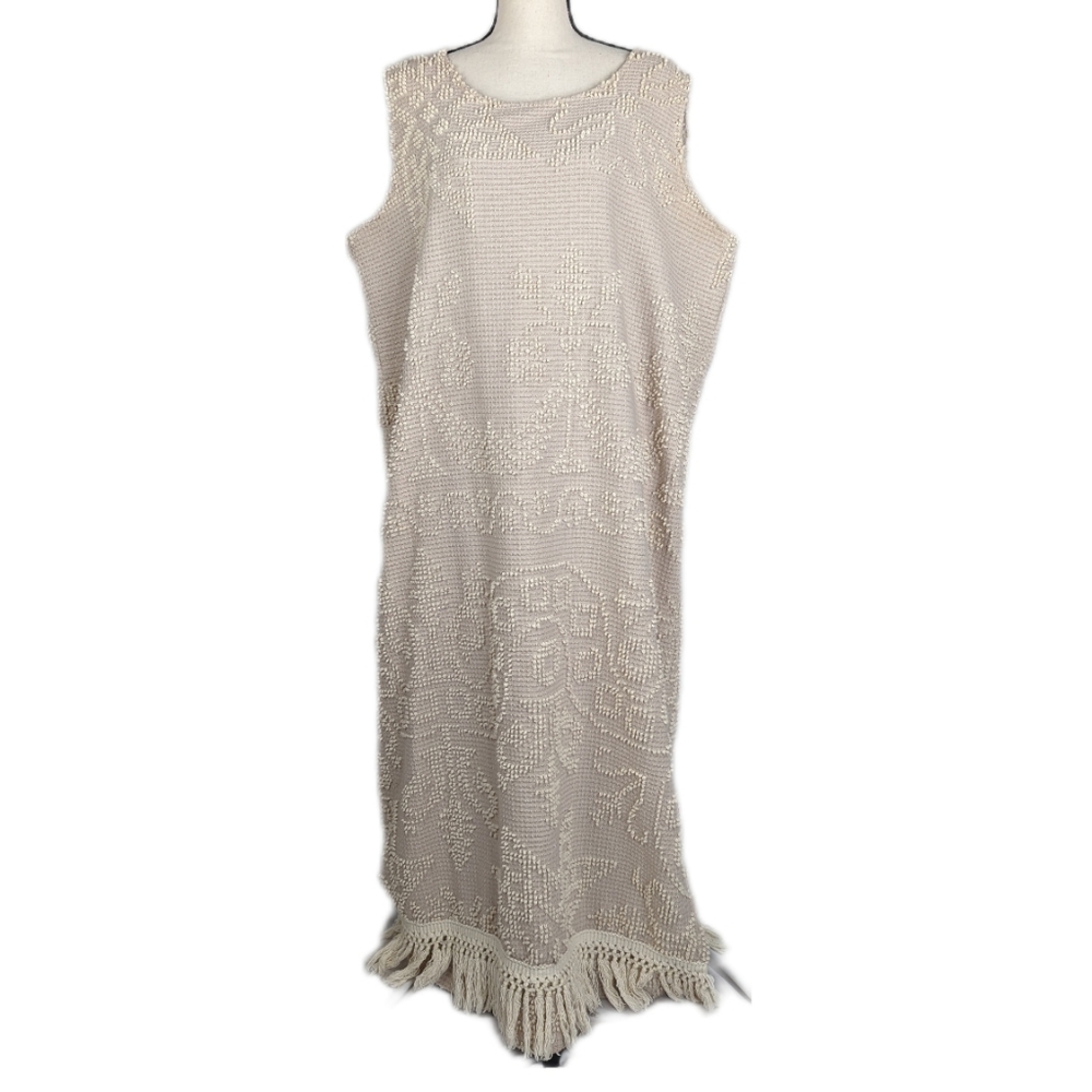 Vintage 70s MEMORY WEAR Cream French Knot Embroidered Sleeveless Maxi Dress - Picture 1 of 9
